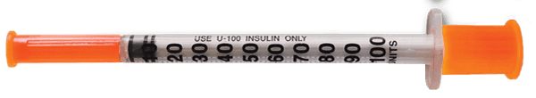 1 ml U-100 insulin syringe graduated to 100 units